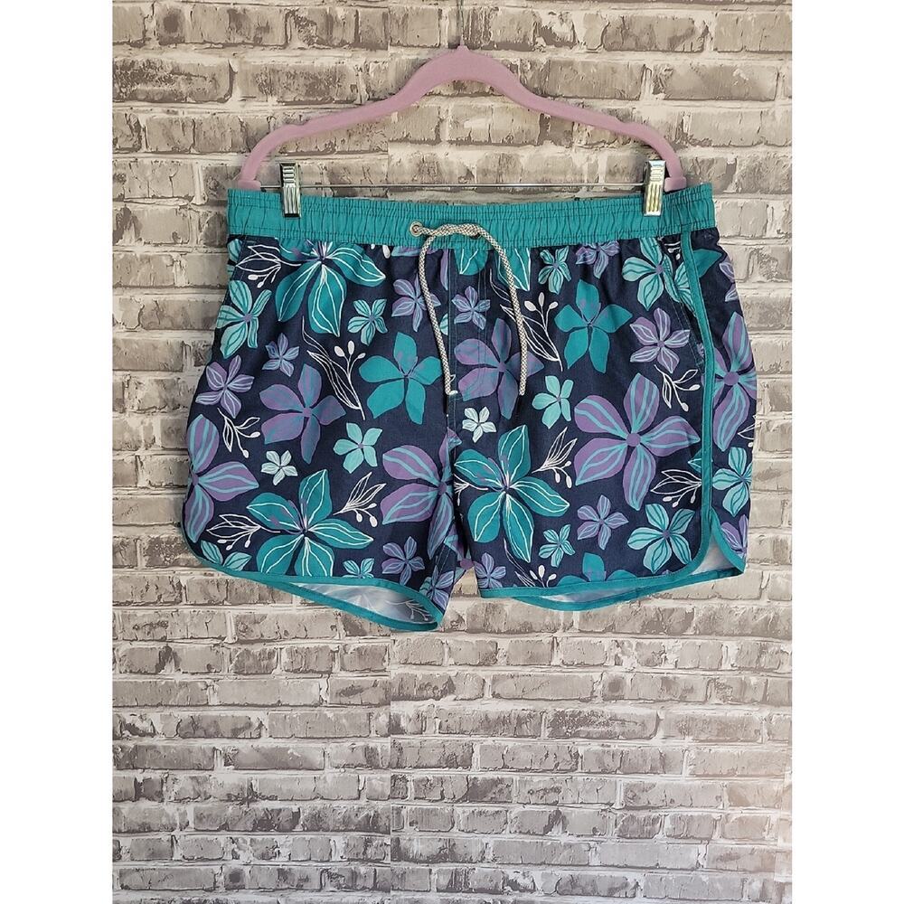 Men's Floral Teal & Navy Swim Trunks Size XL, Surfercore, Beach, Resortwear